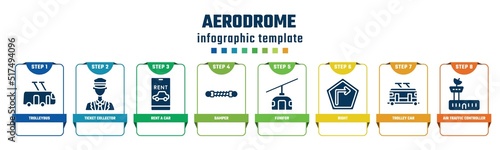 aerodrome concept infographic design template. included trolleybus, ticket collector, rent a car, damper, funifor, right, trolley car, air traffic controller icons and 8 options or steps.