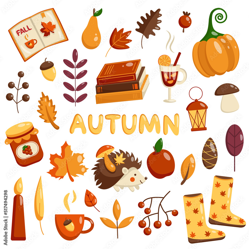 Set of autumn elements. Vector flat collection of autumn leaves and forest icons. Autumn foliage, books, pumpkin, acorn, mountain ash, maple, hedgehog, jam.