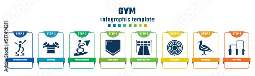 gym concept infographic design template. included powerbocking, armour, wakeboarding, home plate, starting point, sprocket, seagulls, gym bars icons and 8 options or steps.