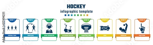 hockey concept infographic design template. included football team, substitute, sport commentor, stationary bicycle, basketball hoop, stem, muscular, foam hand icons and 8 options or steps.