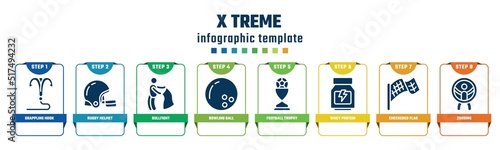 x treme concept infographic design template. included grappling hook, rugby helmet, bullfight, bowling ball, football trophy, whey protein, checkered flag, zorbing icons and 8 options or steps.