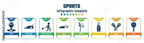sports concept infographic design template. included judoka, drag racing, hammer throwing, chase, ritual, , lacrosse, padel icons and 8 options or steps.