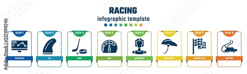 racing concept infographic design template. included telemetry, fin, puck, mph, kickboxer, bike helmet, victory lap, drifting icons and 8 options or steps.