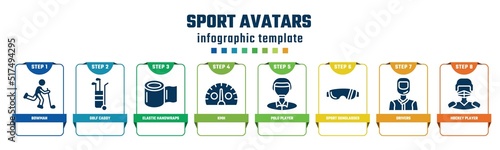 sport avatars concept infographic design template. included bowman, golf caddy, elastic handwraps, kmh, polo player, sport sunglasses, drivers, hockey player icons and 8 options or steps.