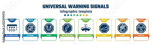 universal warning signals concept infographic design template. included rear window defrost, no shower, magnet, right reverse bend, windshield washer, slope, no push, radiactive icons and 8 options