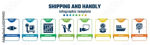 shipping and handly concept infographic design template. included clamp as indicated, parcel weight, wooden box, do not stand on, lightweight, package for delivery, sea ship, scan package icons and
