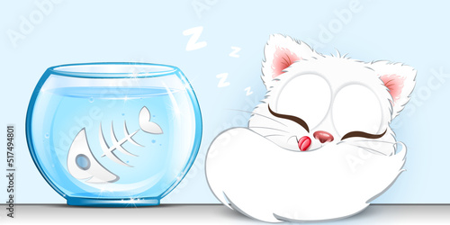 The white cat sleeps after eating one fish from the aquarium and
well-fed sleeps