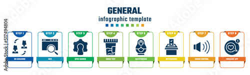 general concept infographic design template. included on coaching, sem, open source, urine test, matryoshka, referendum, sound control, message app icons and 8 options or steps.