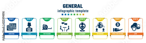 general concept infographic design template. included news feed, x-ray, tape measure, job interview, placement, outsourcing, initial coin offering, saas icons and 8 options or steps.