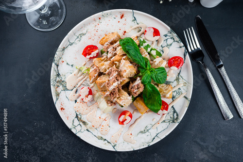 Traditional salad with bread, vegetables and tuna or Panzanella salad. Italian Cuisine