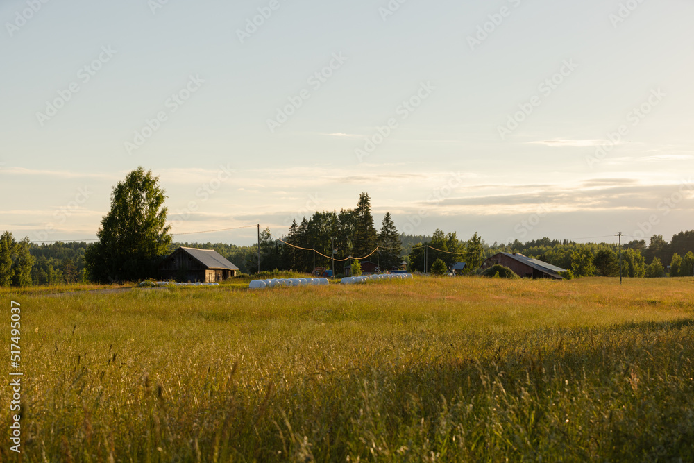 Hay fields during the summer sunset in Finland 