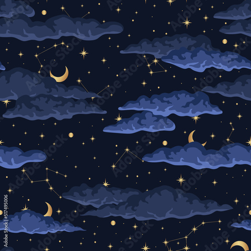 Vector dark blue seamless pattern with gold foil constellations, stars and clouds. Dark illustration.