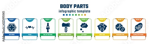 body parts concept infographic design template. included red cross, pulse, ball of the knee, dentist tooth with metallic root, zzz sleep, baby face, medicines time, fetus in an uterus icons and 8