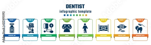 dentist concept infographic design template. included medicine jar, ventilator, tonometer, boobs, prosthetic, road block, contact lens, brushing teeth icons and 8 options or steps.