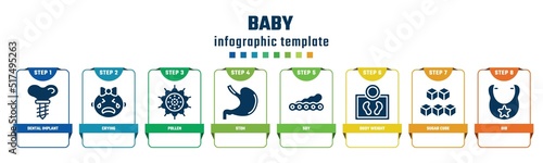 baby concept infographic design template. included dental implant, crying, pollen, stoh, soy, body weight, sugar cube, bib icons and 8 options or steps.