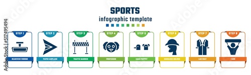 sports concept infographic design template. included rearview mirror, paper airplane, traffic barrier, professor, hand puppet, sherlock holmes, lab coat, fans icons and 8 options or steps.