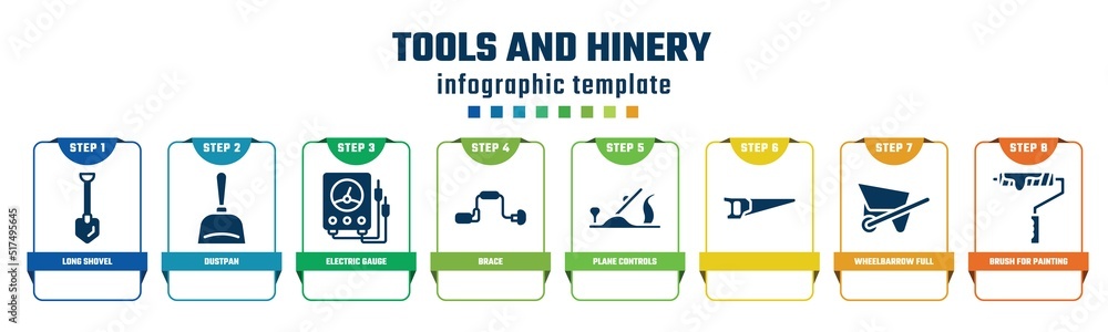 tools and hinery concept infographic design template. included long shovel, dustpan, electric gauge, brace, plane controls, , wheelbarrow full, brush for painting icons and 8 options or steps.