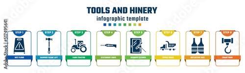 tools and hinery concept infographic design template. included wet floor, hammer facinf left, farm tractor, stationery knife, window cleaner, tipper truck, reflective vest, crane hook icons and 8