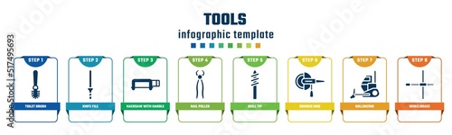 tools concept infographic design template. included toilet brush, knife file, hacksaw with handle, nail puller, drill tip, grinder hine, bulldozing, wheelbrace icons and 8 options or steps.