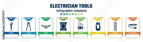 electrician tools concept infographic design template. included spanner, clamps, sawmill, cement, allen keys, handheld, tiremarks, soldering iron icons and 8 options or steps.