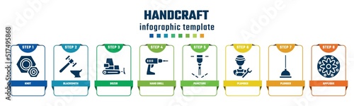 handcraft concept infographic design template. included knot, blacksmith, dozer, hand drill, puncture, plumber, plunger, applique icons and 8 options or steps.