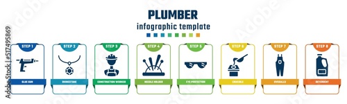 plumber concept infographic design template. included glue gun, rhinestone, construction worker, needle holder, eye protection, crucible, overalls, detergent icons and 8 options or steps.