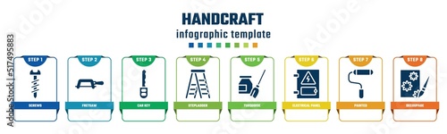 handcraft concept infographic design template. included screws, fretsaw, car key, stepladder, turquoise, electrical panel, painted, decoupage icons and 8 options or steps.