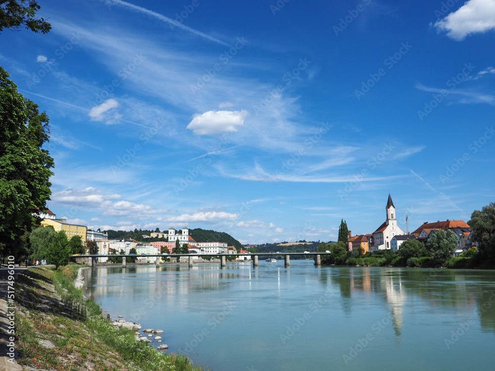 View of the city of Passau, Bavaria, Germany with the Marienbrucke bridge over the river Inn