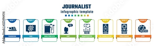 journalist concept infographic design template. included thanksgiving, hash, mobile phone with auriculars, chief, business stats on phone, full charged battery, phone interface, news icons and 8