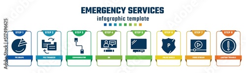 emergency services concept infographic design template. included pie graph, file transfer, communicator, on, , police shield, video stream, caution triangle icons and 8 options or steps.