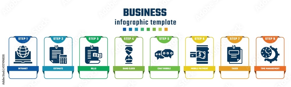 business concept infographic design template. included intranet, estimate, bills, sand clock, chat bubble, mobile payment, taxes, time management icons and 8 options or steps. business concept infographic design template. included intranet, estimate, bills, sand clock, chat bubble, mobile payment, taxes, time management icons and 8 options or steps.