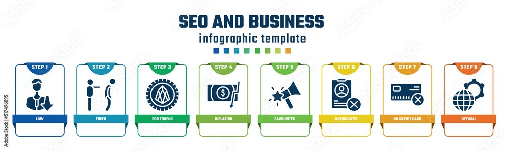 seo and business concept infographic design template. included low, fired, eor tokens, inflation, favourites, uneducated, no credit card, official icons and 8 options or steps. seo and business concept infographic design template. included low, fired, eor tokens, inflation, favourites, uneducated, no credit card, official icons and 8 options or steps.