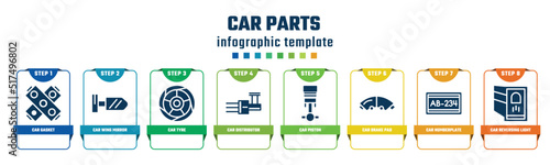 car parts concept infographic design template. included car gasket, car wing mirror, tyre, distributor, piston, brake pad, numberplate, reversing light icons and 8 options or steps.