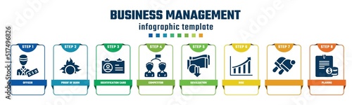 business management concept infographic design template. included officer, proof of burn, identification card, competitor, devaluation, rise, , planing icons and 8 options or steps.