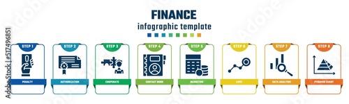 finance concept infographic design template. included penalty, authorization, cooperate, contact book, budgeting, limit, data analysis, pyramid chart icons and 8 options or steps.