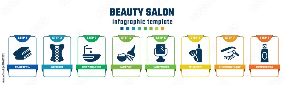 beauty salon concept infographic design template. included folded towel, women cor, hair washer sink, hair dye kit, makeup mirror, after shave, eye shadow makeup, shampoo bottle icons and 8 options beauty salon concept infographic design template. included folded towel, women cor, hair washer sink, hair dye kit, makeup mirror, after shave, eye shadow makeup, shampoo bottle icons and 8 options