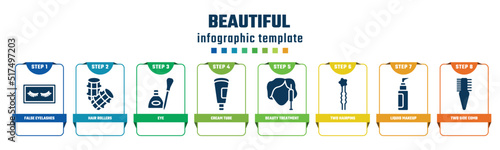 beautiful concept infographic design template. included false eyelashes, hair rollers, eye, cream tube, beauty treatment, two hairpins, liquid makeup, two side comb icons and 8 options or steps.