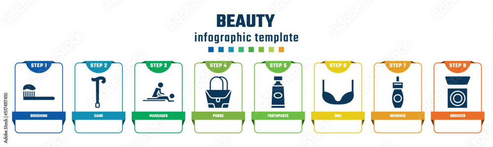 beauty concept infographic design template. included brushing, cane, massages, purse, toothpaste, bra, remover, bronzer icons and 8 options or steps. beauty concept infographic design template. included brushing, cane, massages, purse, toothpaste, bra, remover, bronzer icons and 8 options or steps.