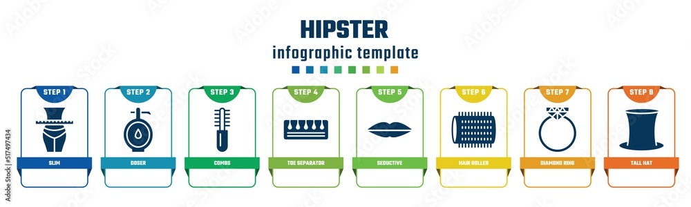 hipster concept infographic design template. included slim, doser, combs, toe separator, seductive, hair roller, diamond ring, tall hat icons and 8 options or steps. hipster concept infographic design template. included slim, doser, combs, toe separator, seductive, hair roller, diamond ring, tall hat icons and 8 options or steps.