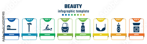 beauty concept infographic design template. included brushing, cane, massages, purse, toothpaste, bra, remover, bronzer icons and 8 options or steps.
