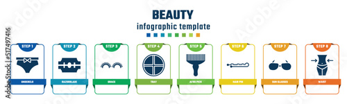 beauty concept infographic design template. included underclo, razorblade, grace, tray, afro pick, hair pin, sun glasses, waist icons and 8 options or steps.