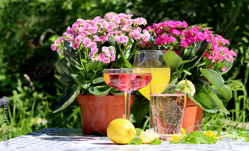 Non-alcoholic drinks on a table. Colorful summer cocktails. Healthy living concept. 