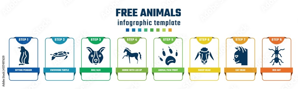 free animals concept infographic design template. included sitting penguin, swimming turtle, dog face, horse with leg up, animal paw print, sheep head, cat head, red ant icons and 8 options or