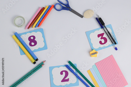 school supplies with numbers on cards. High quality photo