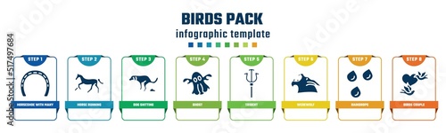 birds pack concept infographic design template. included horseshoe with many holes, horse running, dog shitting, ghost, trident, werewolf, raindrops, birds couple icons and 8 options or steps.