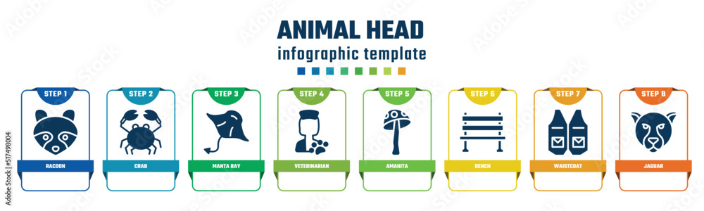 animal head concept infographic design template. included racoon, crab, manta ray, veterinarian, amanita, bench, waistcoat, jaguar icons and 8 options or steps. animal head concept infographic design template. included racoon, crab, manta ray, veterinarian, amanita, bench, waistcoat, jaguar icons and 8 options or steps.