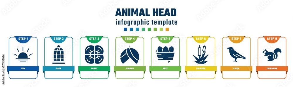 animal head concept infographic design template. included sun, cage, poppy, turban, nest, bulrush, crow, chipmunk icons and 8 options or steps. animal head concept infographic design template. included sun, cage, poppy, turban, nest, bulrush, crow, chipmunk icons and 8 options or steps.