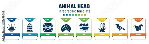 animal head concept infographic design template. included sun, cage, poppy, turban, nest, bulrush, crow, chipmunk icons and 8 options or steps.