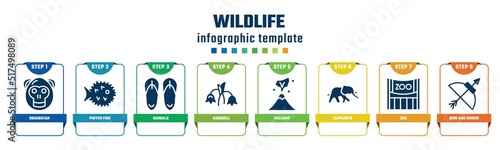 wildlife concept infographic design template. included orangutan, puffer fish, sandals, harebell, volcano, elephants, zoo, bow and arrow icons and 8 options or steps.