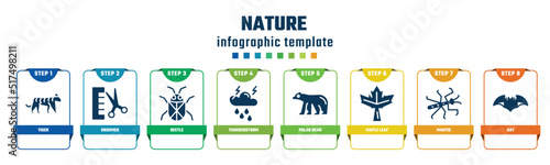 nature concept infographic design template. included tiger, groomer, beetle, thunderstorm, polar bear, maple leaf, mantis, bat icons and 8 options or steps.